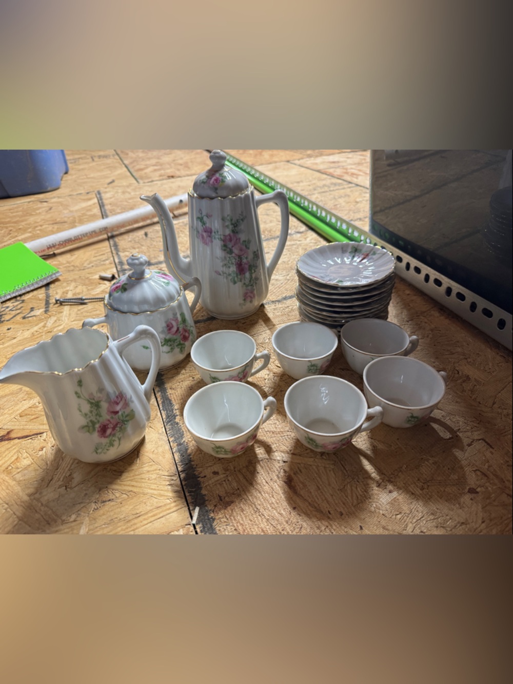 Porcelain Floral Tea Set with Gold Trim - Pink & Green Roses vintage